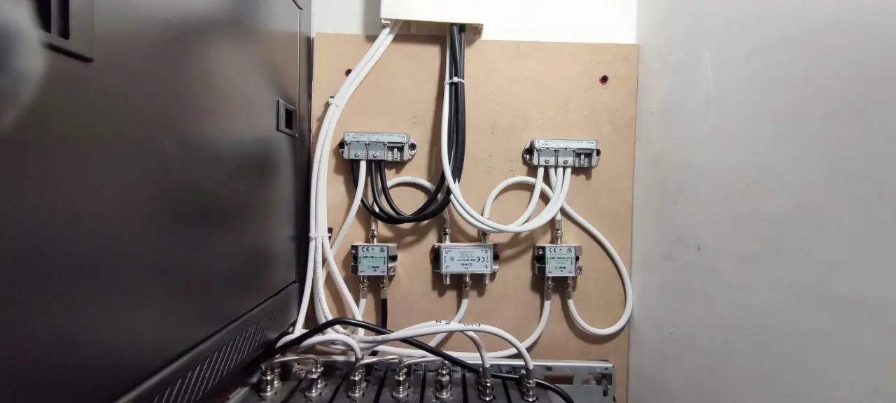 Cableado coaxial y distribuidores de una cabecera de televisión