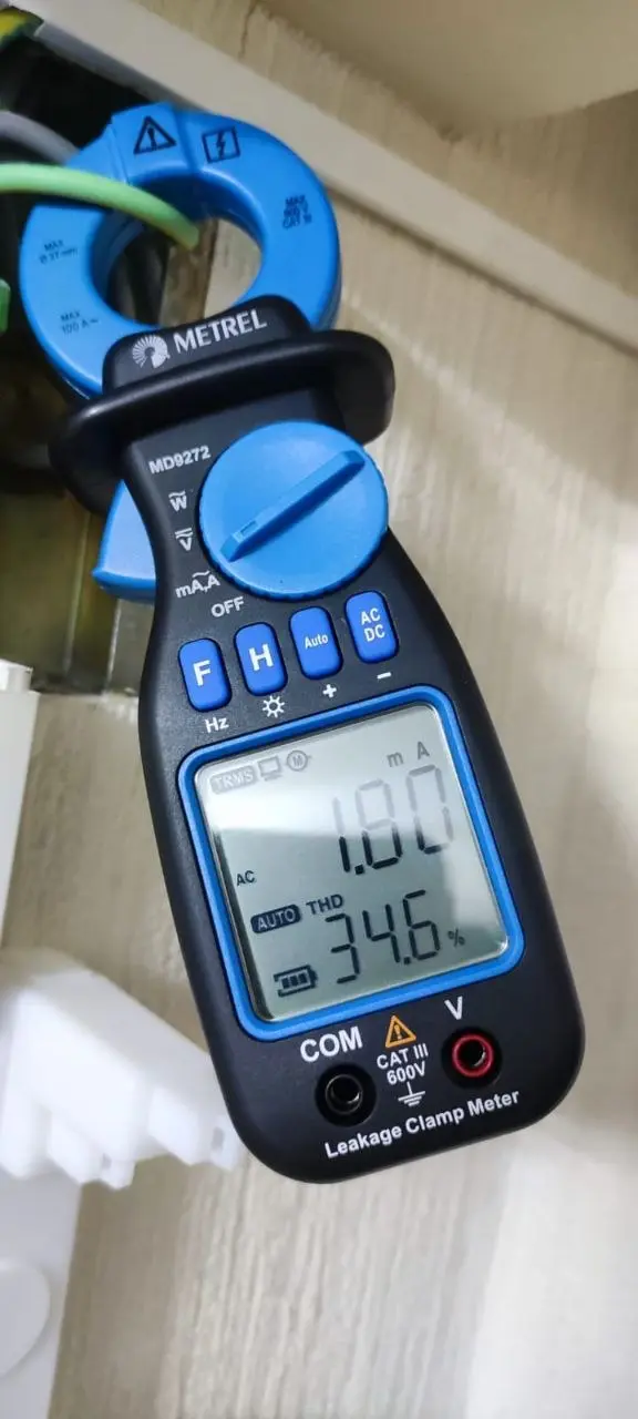 Electricista comprobando una fuga de corriente con una pinza amperimétrica alrededor de un conductor