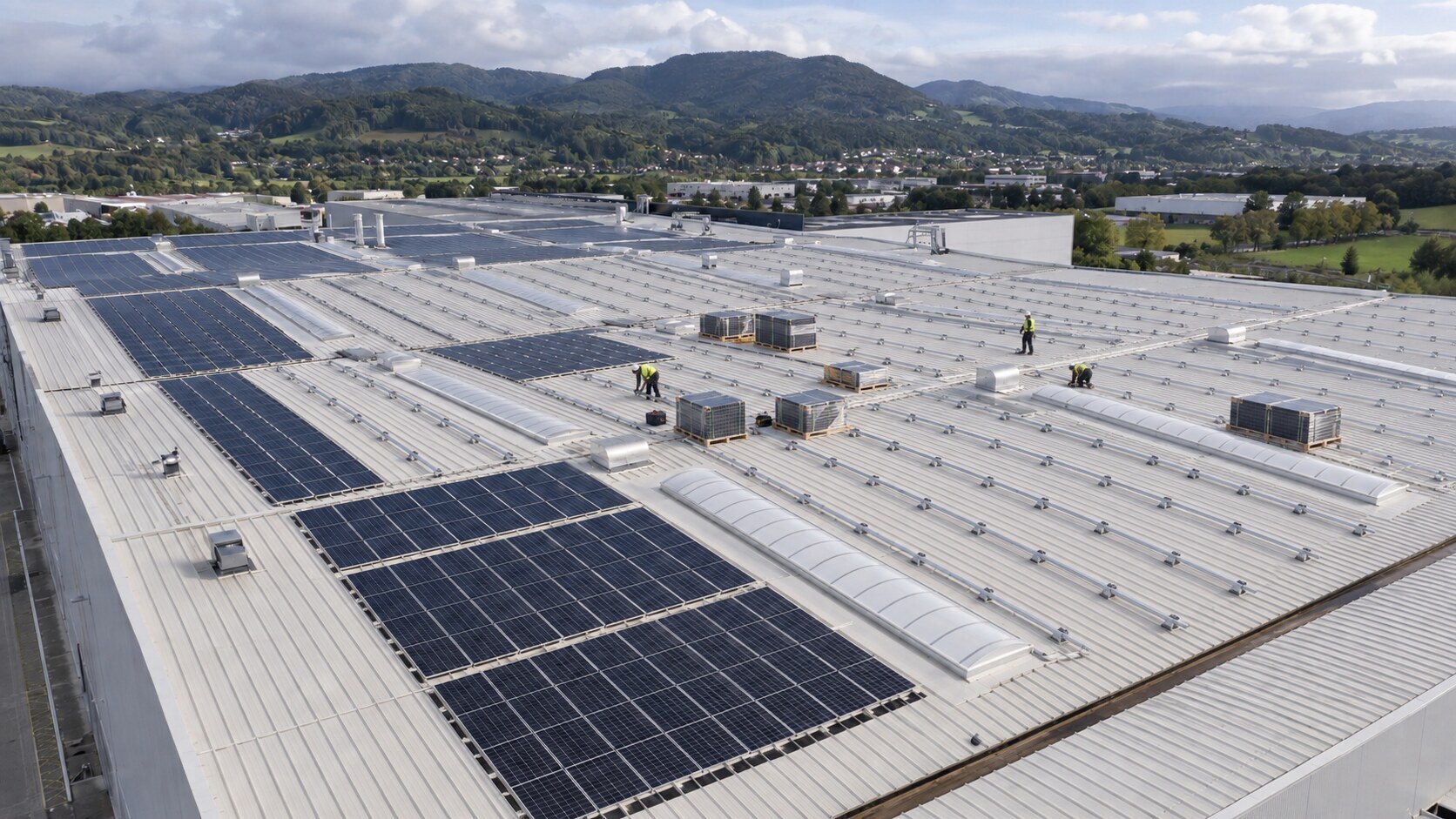 Representación del montaje de una instalación fotovoltaica sobre una gran cubierta industrial